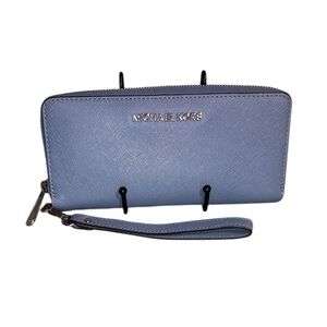 Michael Kors Jet Set Travel Zip Around Continental Wallet Pale Blue Saffiano